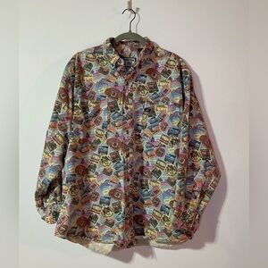 Vintage Lee Denim Button Up Shirt with Novelty International Travel Print, Sz M